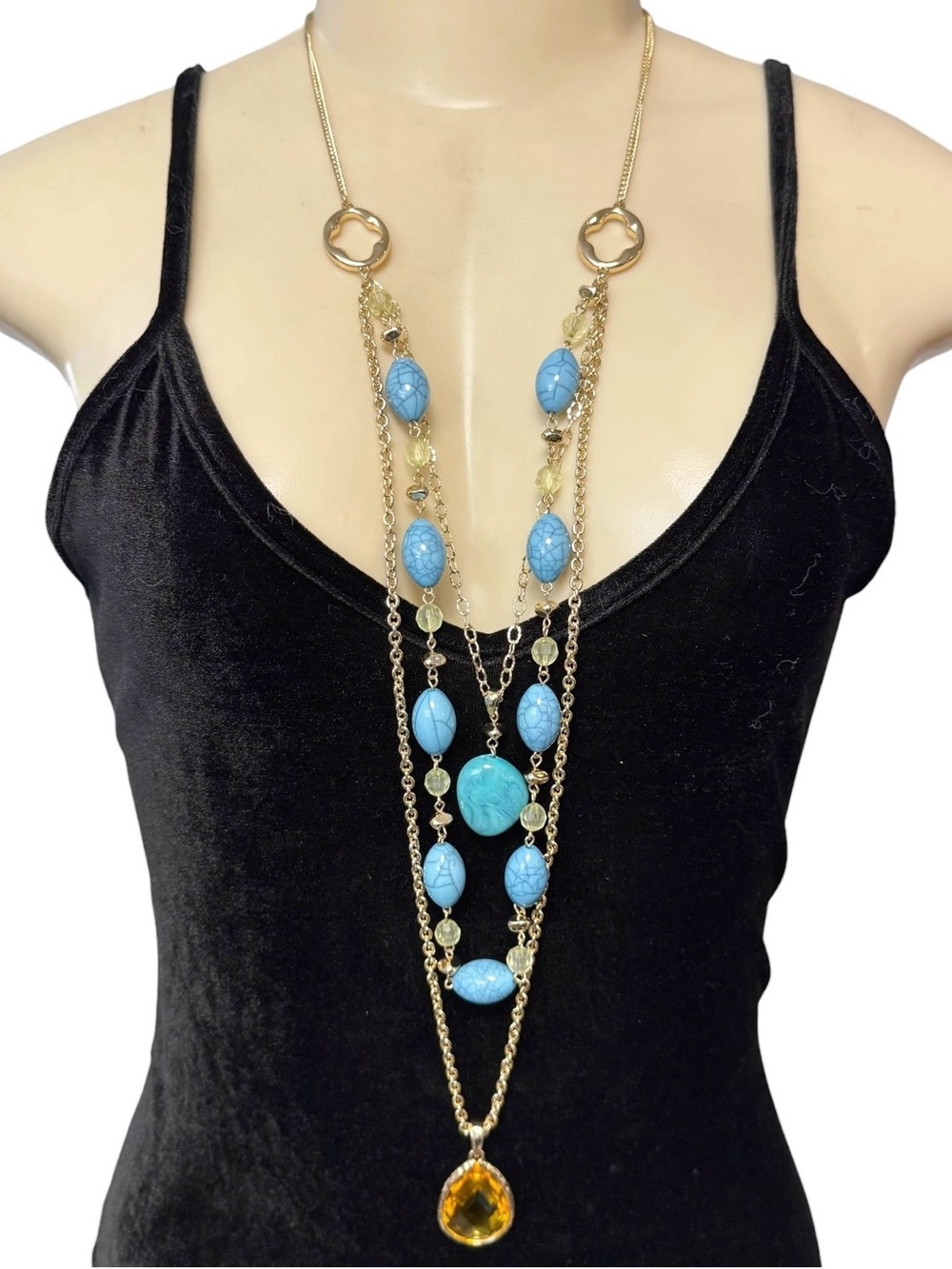 Gold-Tone Multi-strand Long Layered Necklace Turquoise Beads and Amber Pendant